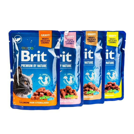 Влажный корм Brit Premium Cat Набор паучей семейная тарелка для стерилизованных кошек, ассорти 4 вкуса, 100 г х 12 шт | Зображення 1