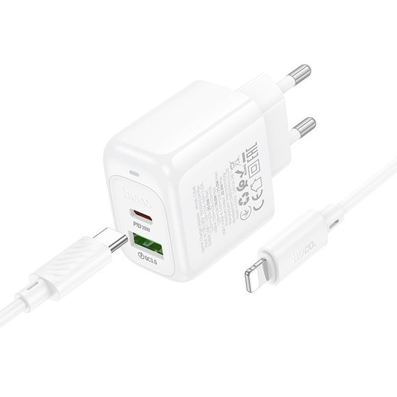 МЗП Hoco CS54A Surplus PD20W+QC3.0 (1USB-A/1C) + кабель Type-C to Lightning White | Зображення 1