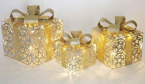 Набір декоративних подарунків - 3 коробки 12.5см, 16.5см, 20см з LED-підсвіткою, шампань з золотом | Зображення 1