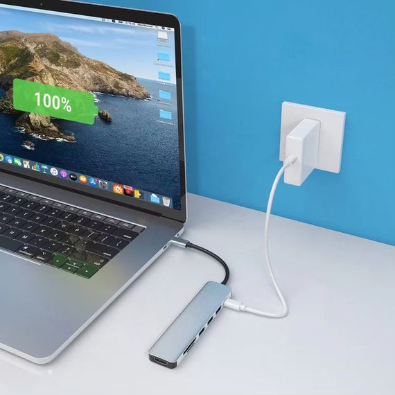 USB-хаб 7в1, Type-C to HDMI + SD + TF + 3xUSB + PD, Сірий / USB розгалужувач для ноутбука / ЮСБ хаб | Зображення 4