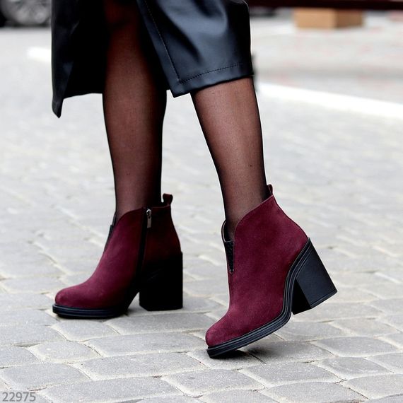 Шикарные бордовые ботинки ботильоны натуральная замша на среднем каблуке | Зображення 2