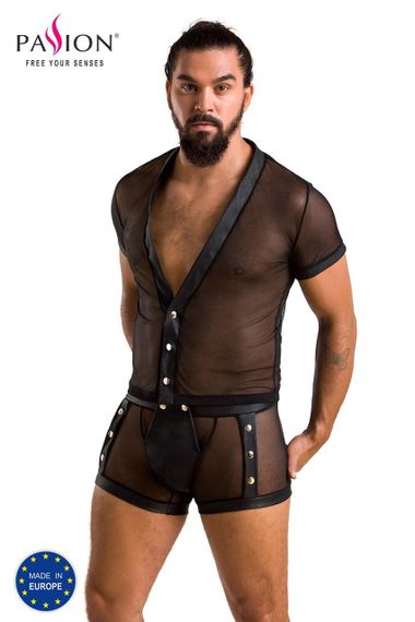 Комплект сітчастої чоловічої білизни Passion 052 SET MICHAEL L/XL black, сорочка, боксери, заклепки Sex Aura | Зображення 4