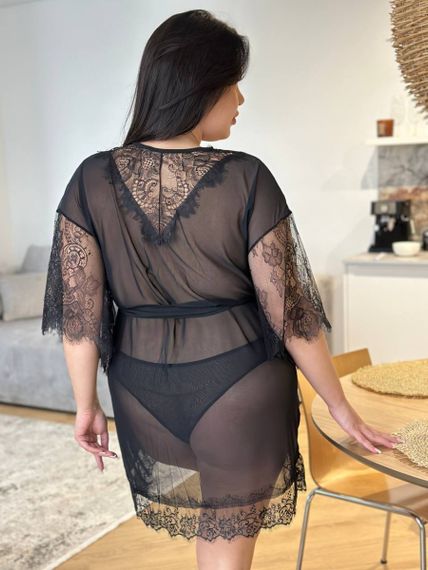 Чорний жіночий еротичний халат PLUS SIZE з мереживом | Зображення 9