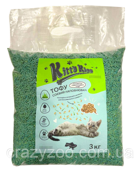 Наповнювач для котячого туалету Kitty Kiss Tofu соєвий тофу з ароматом свіжоскошеної трави 3 кг KK8242