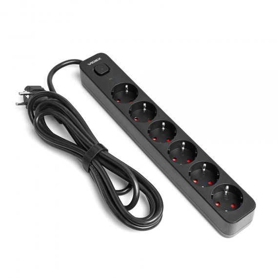 Мережевий подовжувач VIDEX ONCORD з/з 6п 3м (3x1.5мм) з кнопкою Black | Зображення 1