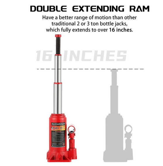Домкрат BAOSHISHAN 3 тонни з двома штовхачами, діапазон підйому від 6-1/2" до 16-1/2", портативний гідравліч | Зображення 2