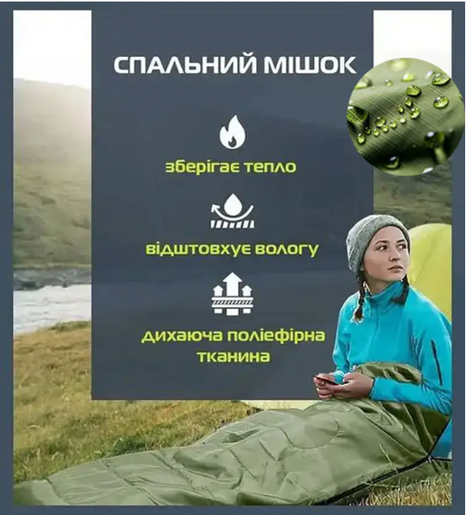 Спальный мешок с капюшоном Хаки до -25°C 210х75 см, водоотталкивающая плотная ткань | Зображення 5
