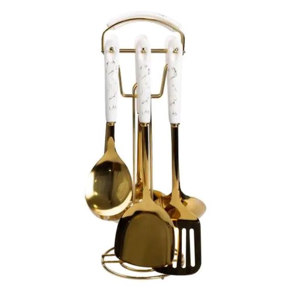 Набір кухонного приладдя 7 предметів на підставці столові прилади з нержавіючої сталі Золото з білим HP-20-7 | Зображення 2