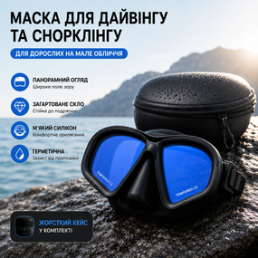 Маска для дайвинга и сноркелинга для взрослых на малое лицо, с голубыми линзами (закаленное стекло) и жестким кейсом