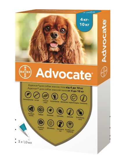 Капли от блох, клещей, глистов для собак от 4 до 10 кг Advocate, 3 пип