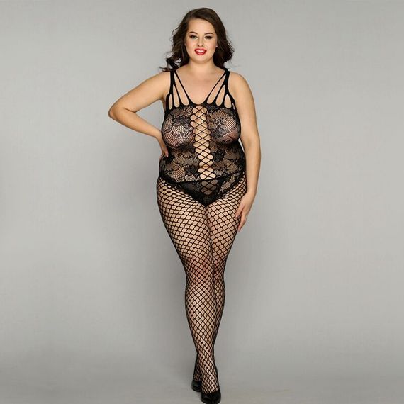 Сітчастий бодістокінг JSY «Ніжна Люсі» Plus Size, black, імітація боді, імітація шнурівки | Зображення 2