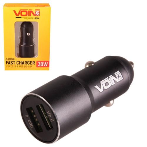 Автомобільний зарядний пристрій VOIN C-30207Q, 2USB QC3.0 (12/24V - Port 1-5V*3A/9V*2A Port 2-5V*2.4A)