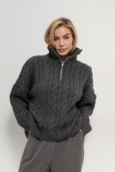 Светр в косичку з блискавкою на комірі - сірий цвет, ONE SIZE (є розміри)