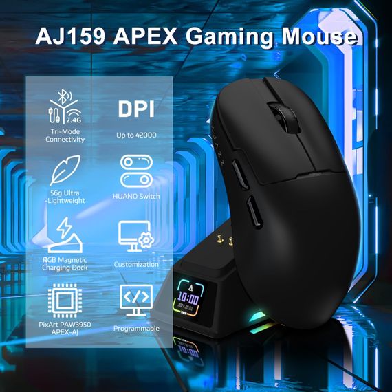 Бездротова магнітна миша Ajazz AJ159 APEX PAW3950 400 мАч RGB Чорна | Зображення 4