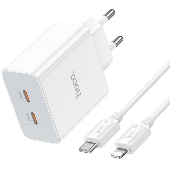 МЗП Hoco C108A PD 35W (2USB-C) + кабель Type-C to Lightning White | Зображення 1