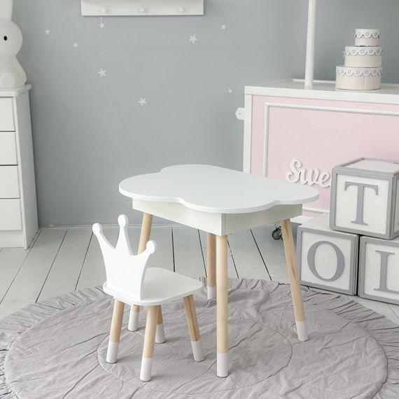 Новинка! Дитячий білий столик хмаринка з нішею і стільчик корона біла 85295 | Зображення 1
