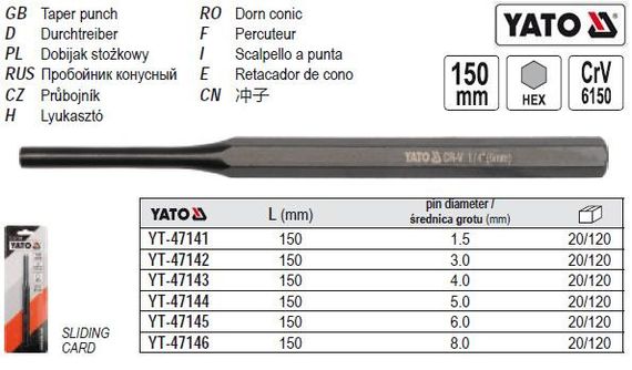 Пробойник YATO Польша пробійник слюсарний Ø=6 мм l=150 мм YT-47145