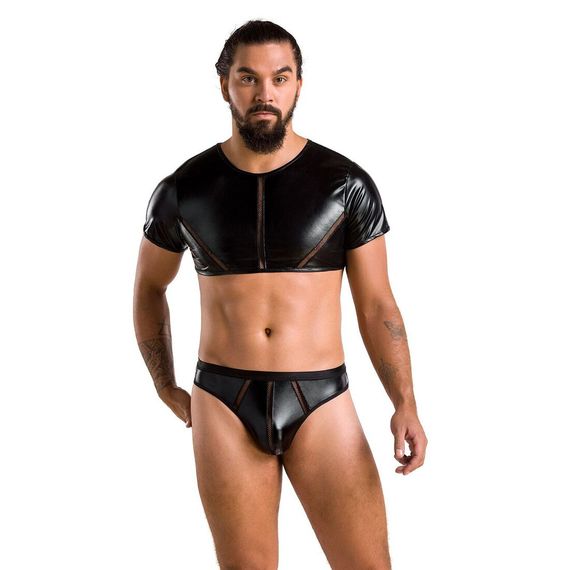 Комплект мужского белья под латекс Passion 057 SET PETER L/XL Black, кроп-топ, стринги | Зображення 2