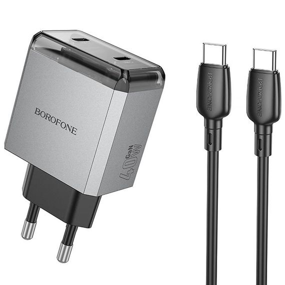 СЗУ Borofone BN21 Lena PD40W+QC3.0 (2USB-C) + кабель Type-C to Type-C Metal gray