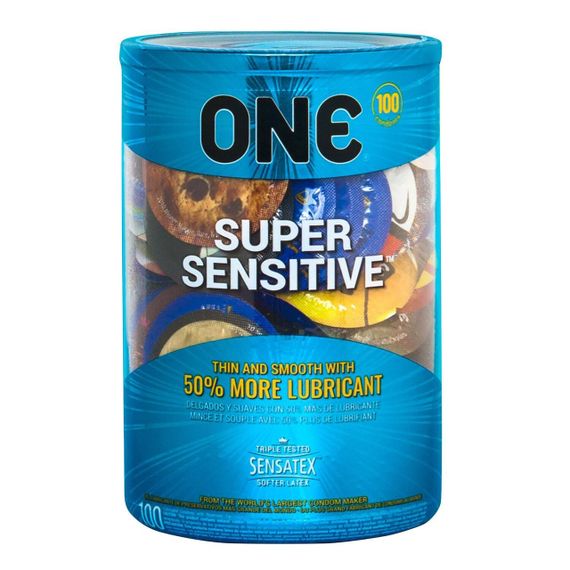 Набір презервативів ONE Super Sensitive, 100 шт, гладенькі, з додатковою змазкою, паковання-тубус Sex Aura