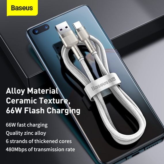Дата кабель USB 3.1 AM to USB-C 2.0m 6.0A 66W Cafule Series Metal White Baseus (CAKF000202) | Зображення 4