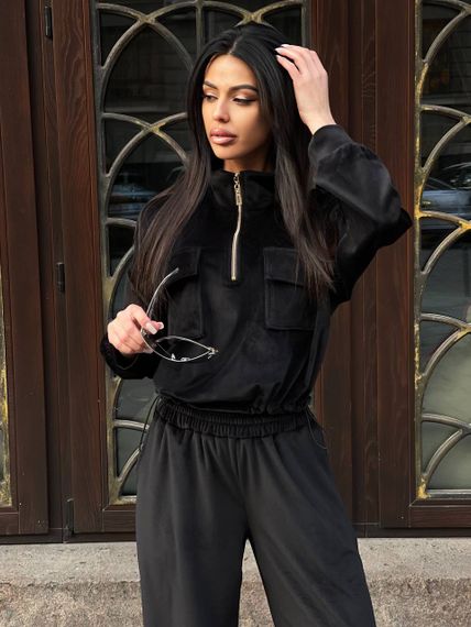 Женский велюровый спортивный костюм с штанами палаццо JA0282 цвет черный, размер 46/48 | Зображення 1