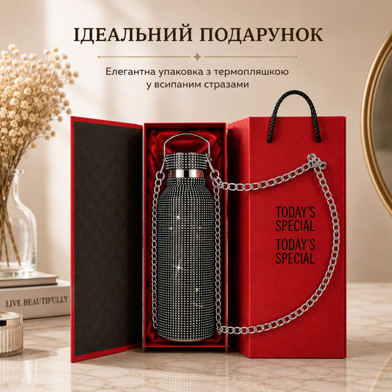Термобутылка 500 мл со стразами и цепочкой, нержавеющая сталь, Черная в подарочной коробке | Зображення 4