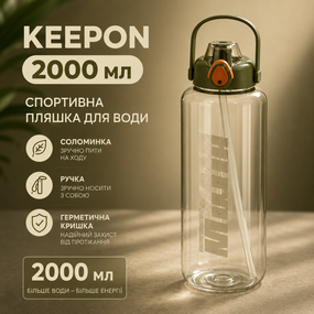 Спортивная бутылка для воды Keepon 2000 мл с соломинкой, ручкой и герметичной крышкой, Коричневая