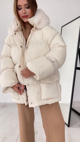 Пуховик с опушкой и капюшоном Cresh Puffer, молочный | Зображення 7