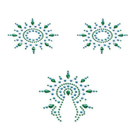 Пестіс з кристалів Petits Joujoux Gloria set of 3 - Green/Blue, прикраса на груди та вульву, One size