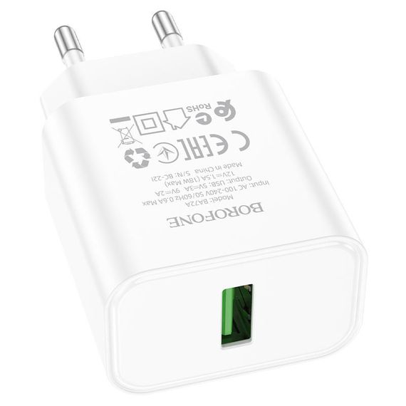 МЗП Borofone BA72A Spring QC3.0 (1USB-A) White | Зображення 1