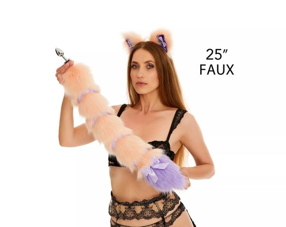 Анальний хвіст зі стрічкою без пробки, Персиковий з фіолетовим кінчиком, OKOVA 60 см. Sex Aura