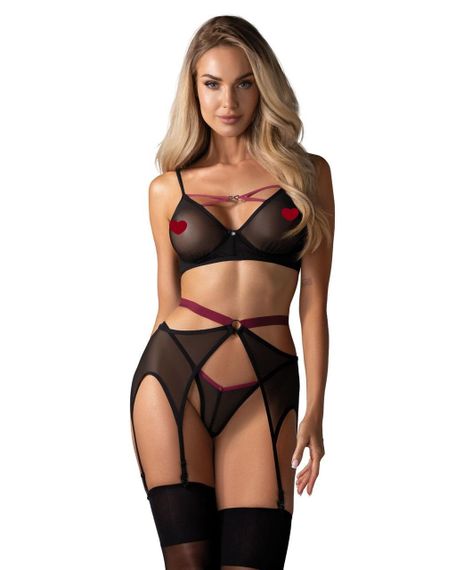 Комплект Obsessive Novenes 3-pcs set, M/L, прозрачный лиф на косточках, стринги, пояс sexstyle