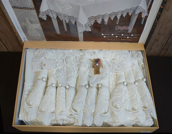 Льняная скатерть с ранером Selin Cagla Set 160×220+12 салфеток Кремовая | Зображення 2
