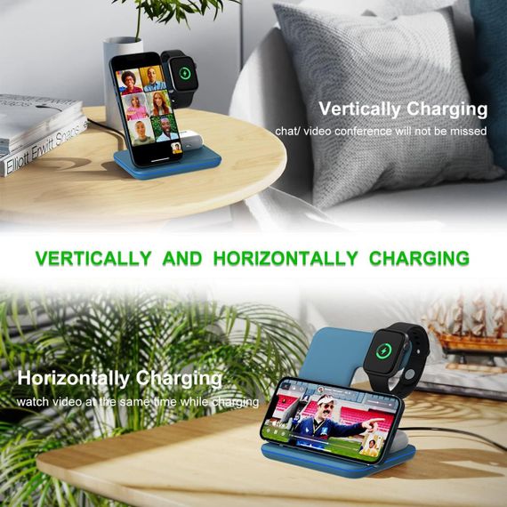 Бездротова зарядна станція 3в1 Minthouz, 18W, для iPhone, Apple Watch, AirPods, QC3.0, Type-C, синя | Зображення 3