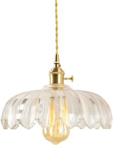 Подвесной светильник люстра 25см стеклянный абажур лотос в винтажном стиле с латунным патроном E27, прозрачный