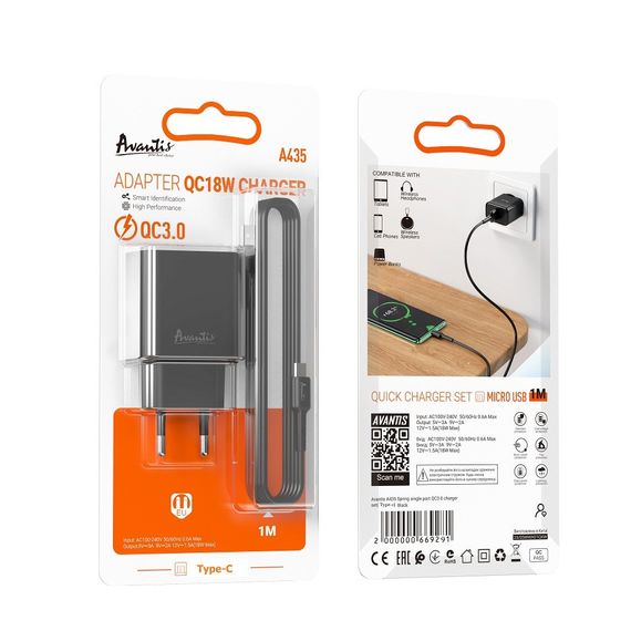 Мережевий зарядний пристрій Avantis A435 QC3.0 (1USB/18W/3A) + USB-кабель Type-C чорний | Зображення 2