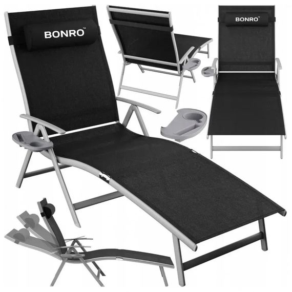 Шезлонг садовый Bonro BG-008 складной с подголовником и подстаканником черный (42401156) | Зображення 1