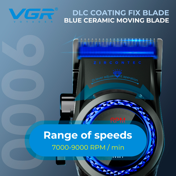 Аккумуляторная машинка для стрижки VGR V-001 BLUE, 10 насадок, 9000 RPM, 4600 mAh, LED дисплей | Зображення 8