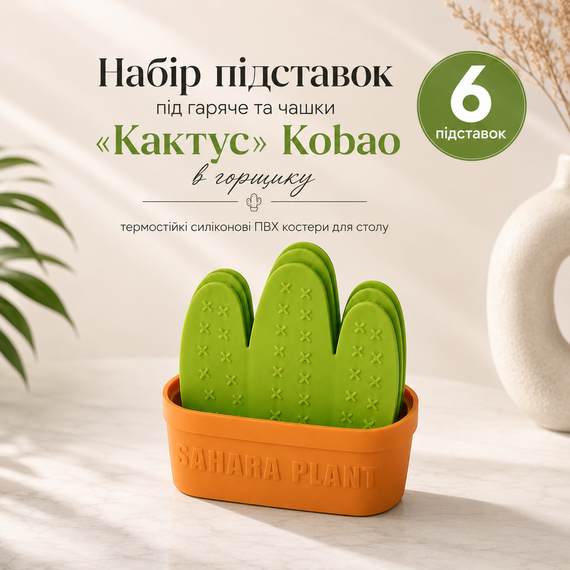 Набор подставок под горячее и чашки «Кактус» Kobao в горшке, термостойкие силиконовые ПВХ костеры для стола (6шт)