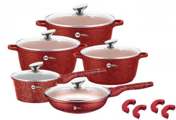 Набір посуду Higher Kitchen НК-305 Алюміній із гранітним покриттям 12 предметів Червоний | Зображення 1