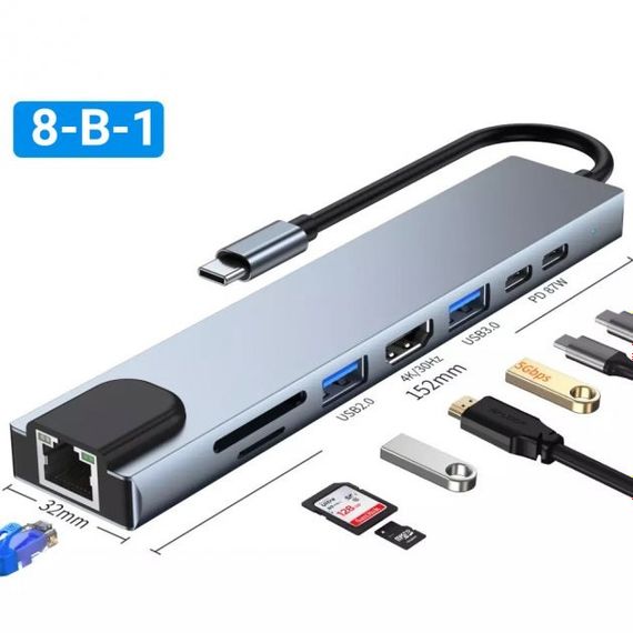 Хаб концентратор 8 до 1 USB Type-C перехідник  HDMI SD TF RJ45
