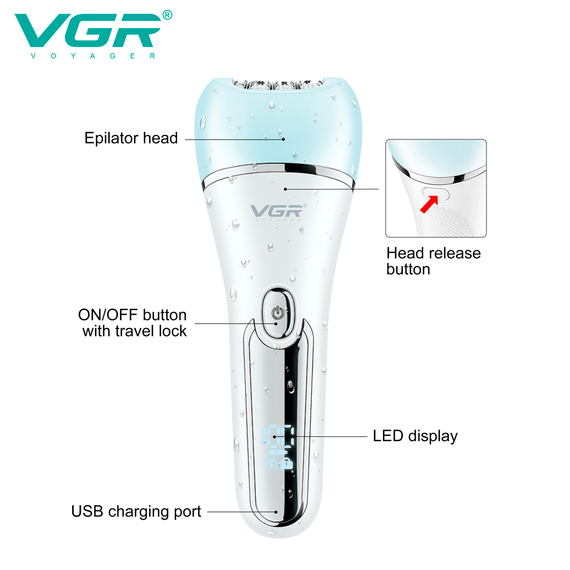 Эпилятор VGR 6 в 1 V-733, 12 насадок, IPX7, LED дисплей, голубой | Зображення 2