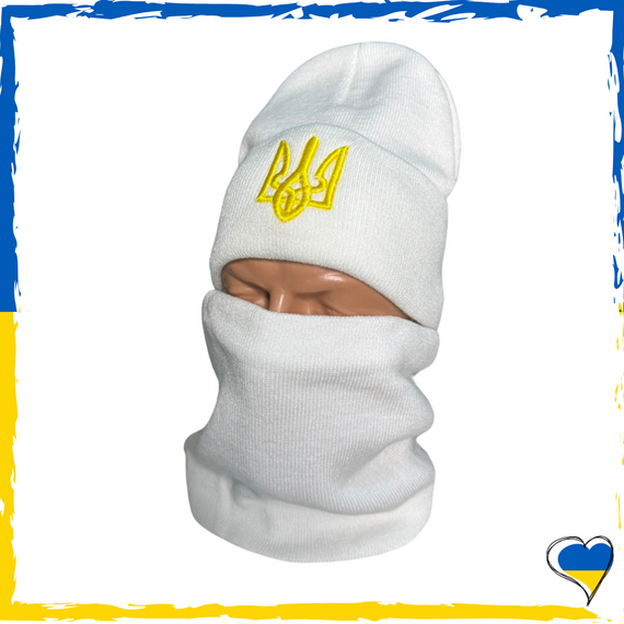 Комплект белый  с гербом шапка и бафф на флисе унисекс. Набор теплый. Мужской, женский подростковый, детский