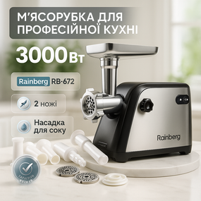 Электромясорубки для дома для бара Rainberg RB-672 3000W, Электрическая мясорубка с насадкой-кеббе HB-59