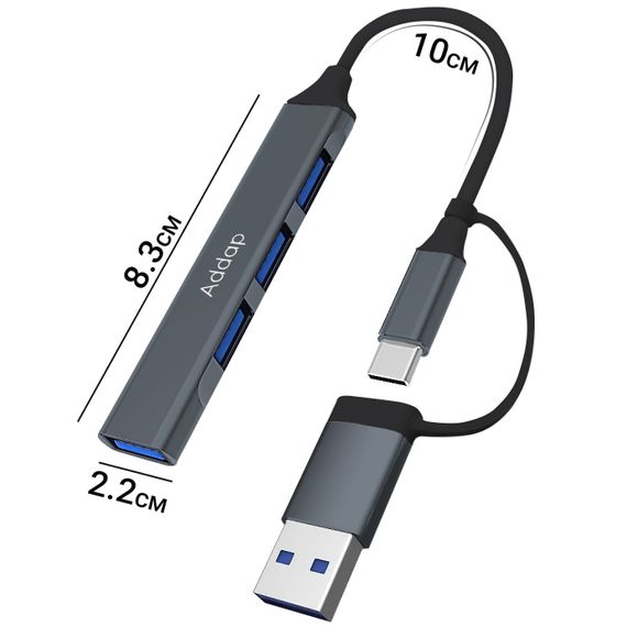 USB Type-C хаб с адаптером под USB-A порт Addap UH-05D, концентратор / разветвитель для ноутбука на 4 порта USB, Gray | Зображення 2