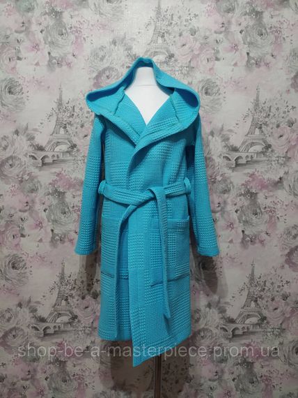 Халат детский вафельный банный в бассейн домашний хлопчатобумажный с капюшоном голубой 116