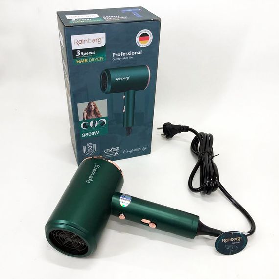 Фен Rainberg RB-2212 8800 W с регуляцией температуры и скорости для сушки и укладки волос. UZ-372 Цвет: зеленый | Зображення 1