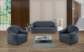 Жаккардовый чехол на диван + 2 кресла Stone без юбки антрацит