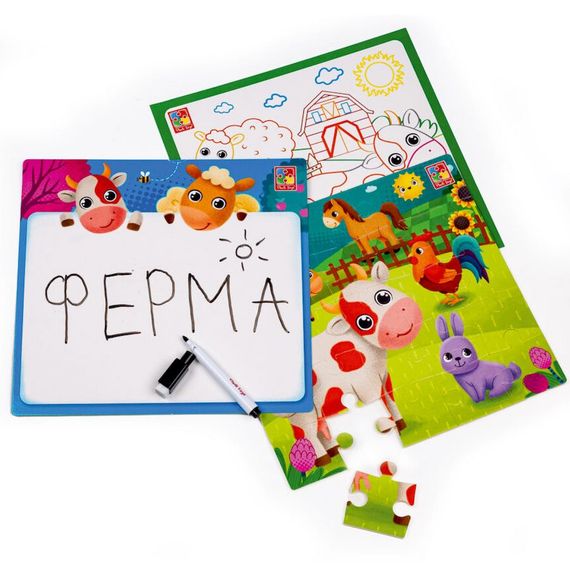 Развивающий набор 4 в 1 "Ферма" VT2002-01 пазл, раскраска, маркер | Зображення 1